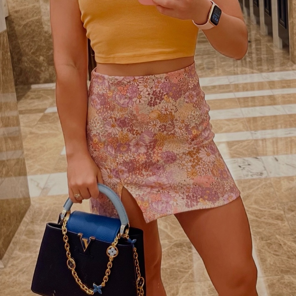 Pastel Floral Mini Skirt with Side Slit in Pink